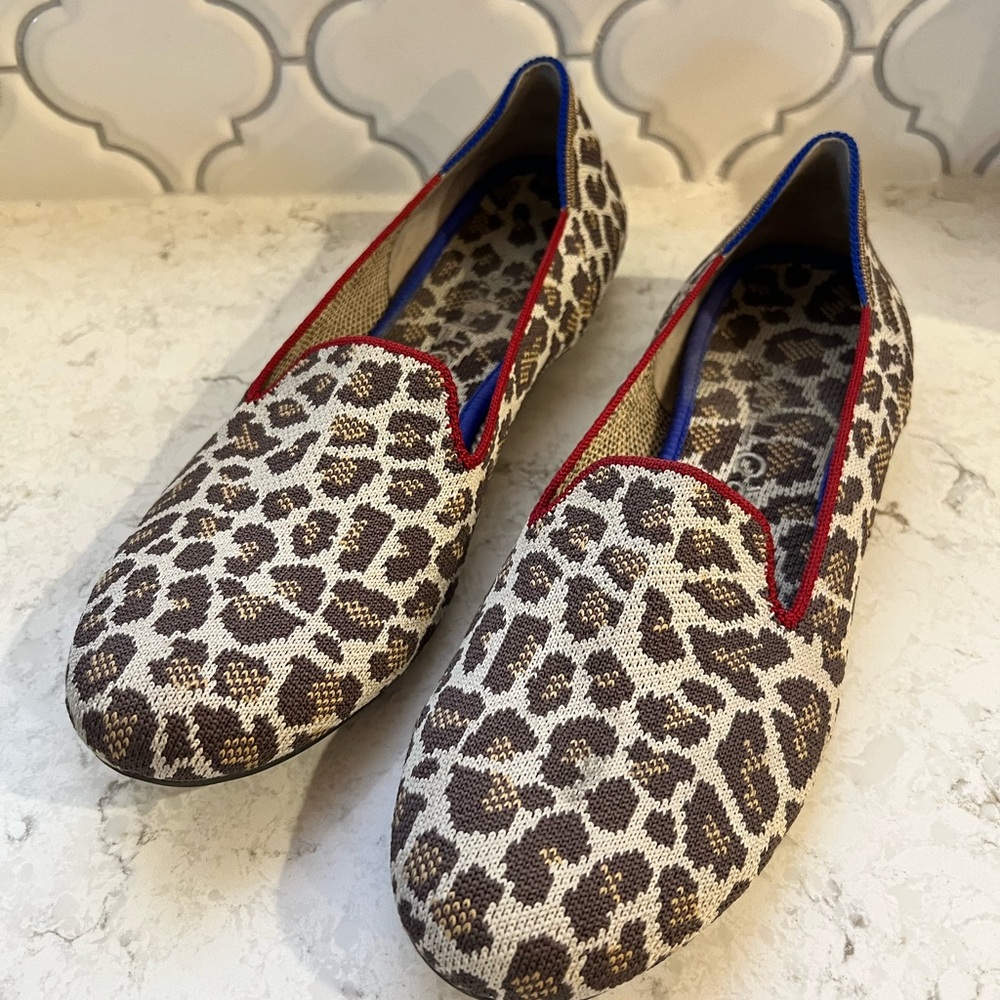 Rothy's Leopard Print Loafers with Red and Blue Accents